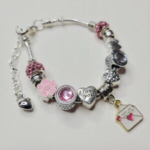 NWT Pandora Style Charm Bracelet Pink Silver Hearts Email Love Rhinestones - S M